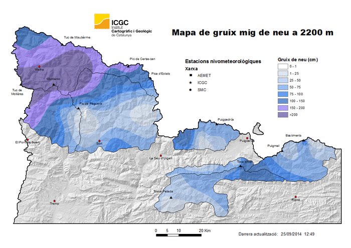 Mapa de gruix mig de neu a 2200m 27-12-2012